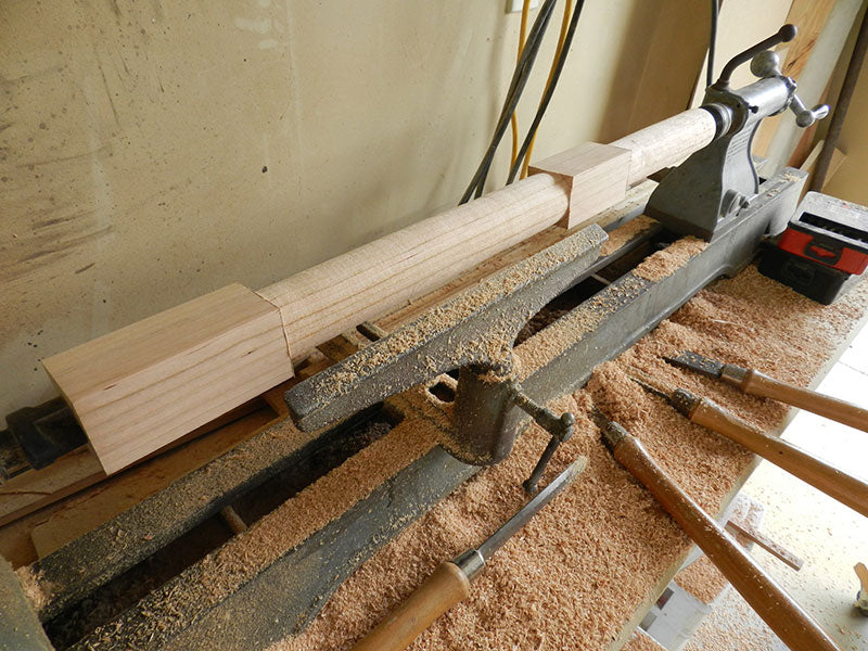 1-3/4 inch x 1-3/4 inch counter stool leg with the two scribed sections gouged to remove flats