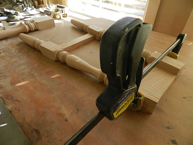 Dry fitting the upper rail and legs used to build the stool frame assembly to cut and test fit the length of the lower rail