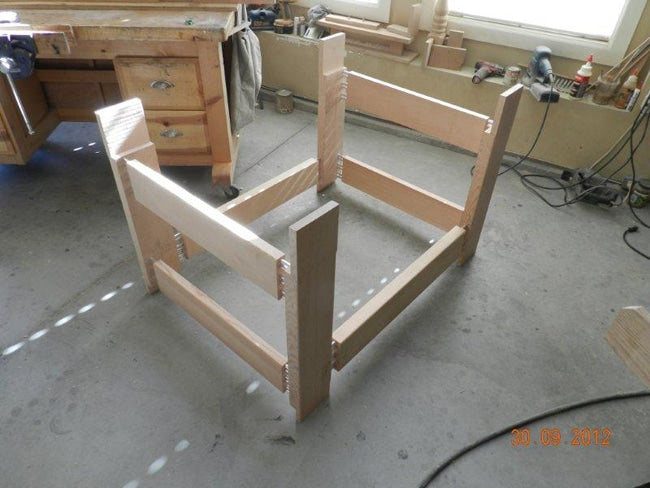 Workbench framework assembly dry fitted to show wood joint detail