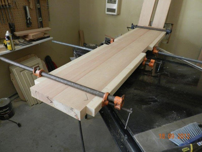 Workbench top work pieces edge joined, glued and clamped