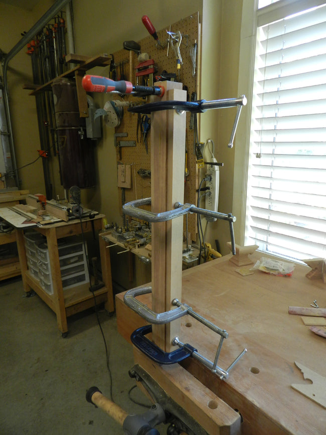 TV-stand-corner-post-work-pieces-glued-clamped-together
