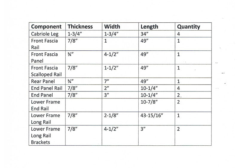 Dimensions of the components used to build the entryway table frame assembly