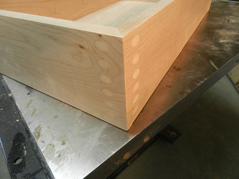 Doweled miter joint used to build the entryway table drawer assembly front corner section