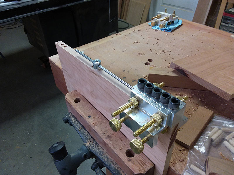 Dowelmax device and distance gauge set to align and drill dowel joint used to build the bedside table shelf assembly