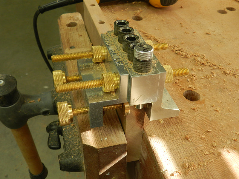 Dowelmax dowel jig index pin used for quick alignment to the end of the plant stand top plate work piece