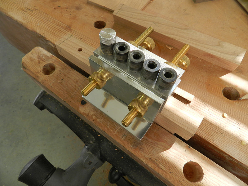 Dowelmax dowel jig index pin used to extend drilled bores along the length of the plant stand lower shelf rails