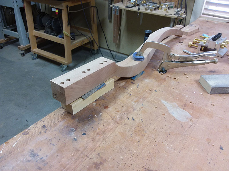 The cabriole leg to drawer fascia dowel bores used to build the bedroom table frame front section