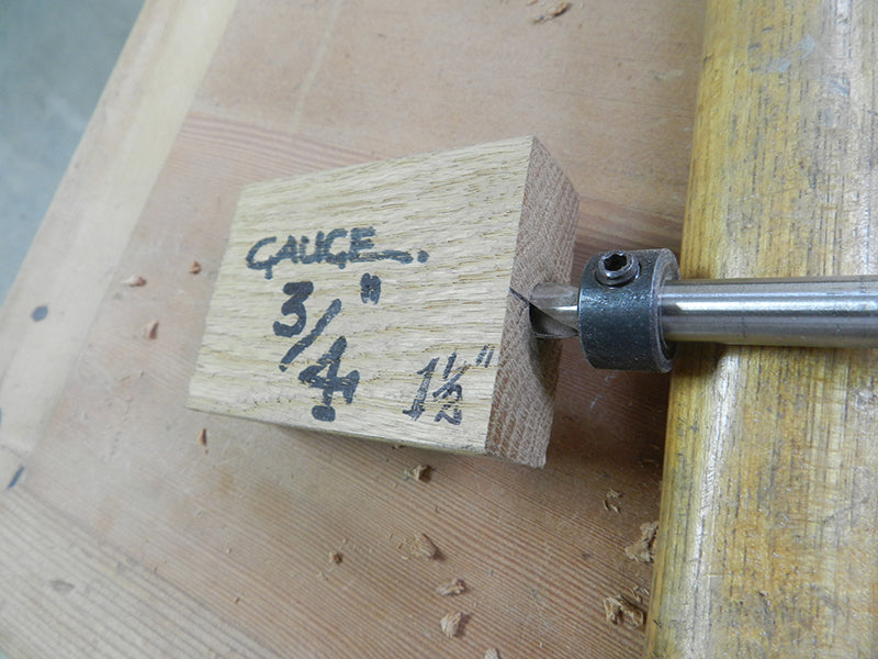 Shop made drill collar gauge used to set depth of dowel bore