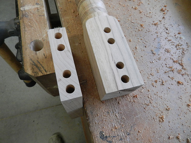 6 Degree angled upper rail to leg multiple dowel joint bores used to build the counter stool frame assembly