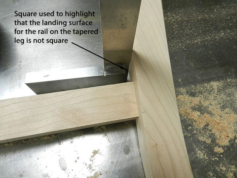 Square used to highlight that the landing surface on the tapered leg for the rail is not square, so the end of the rail requires an adjustment