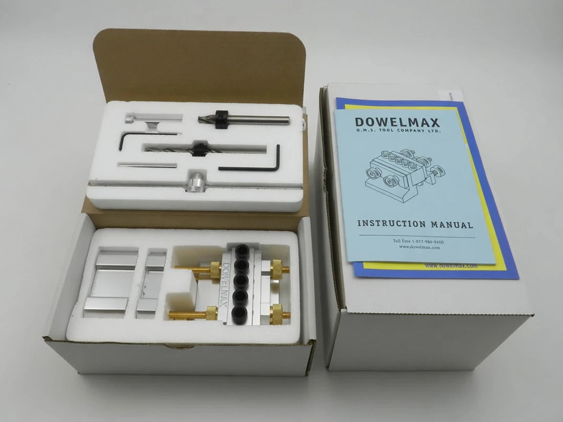 Dowelmax Classic 10mm system and included tools in their shipping boxes