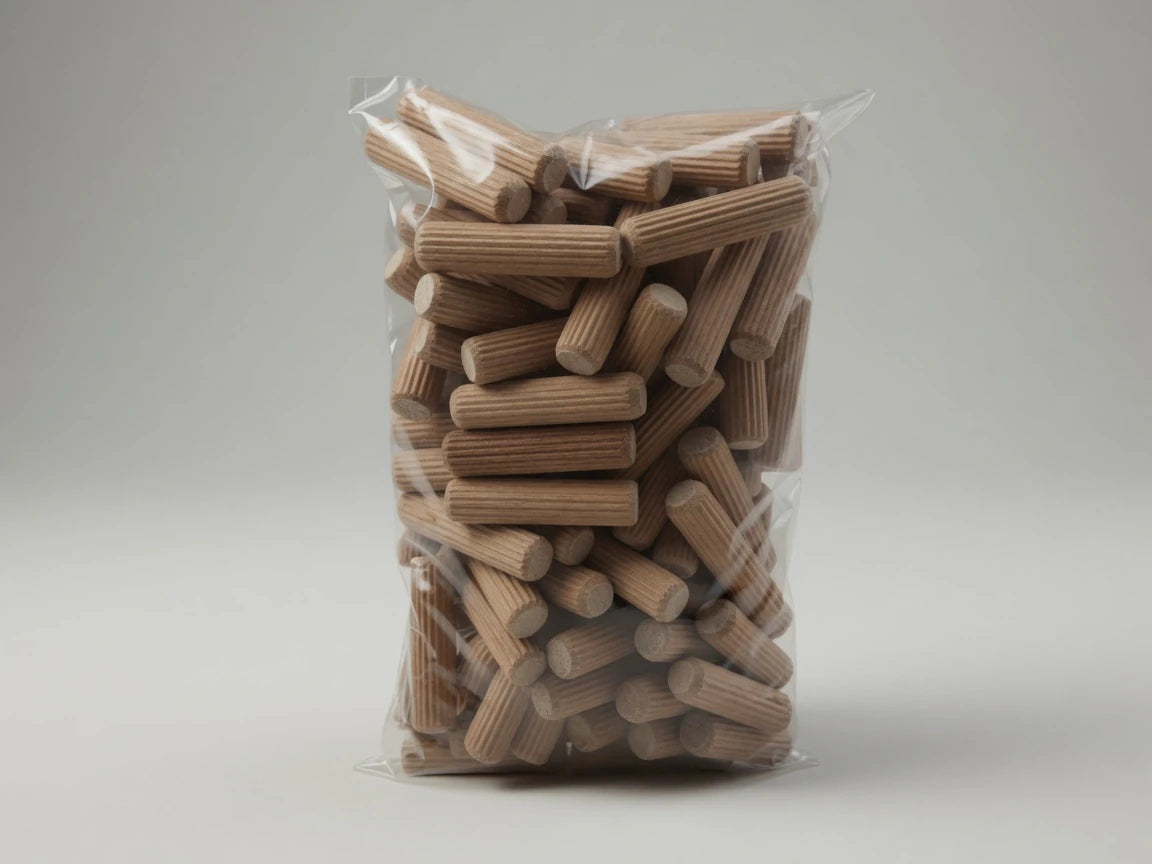Retail bag of Dowelmax one-half by two-inch fluted hardwood dowel pins