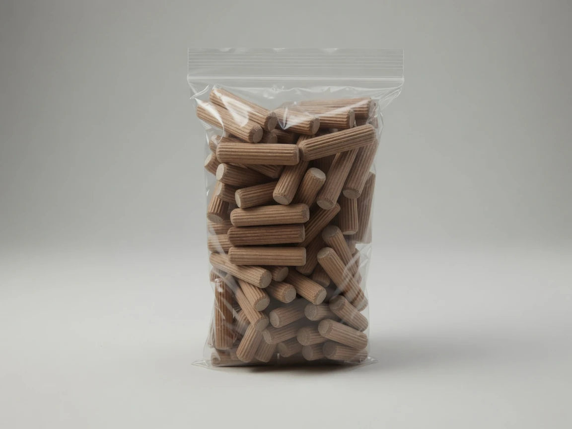 Retail bag of Dowelmax 10 mm by 40 mm fluted hardwood dowel pins