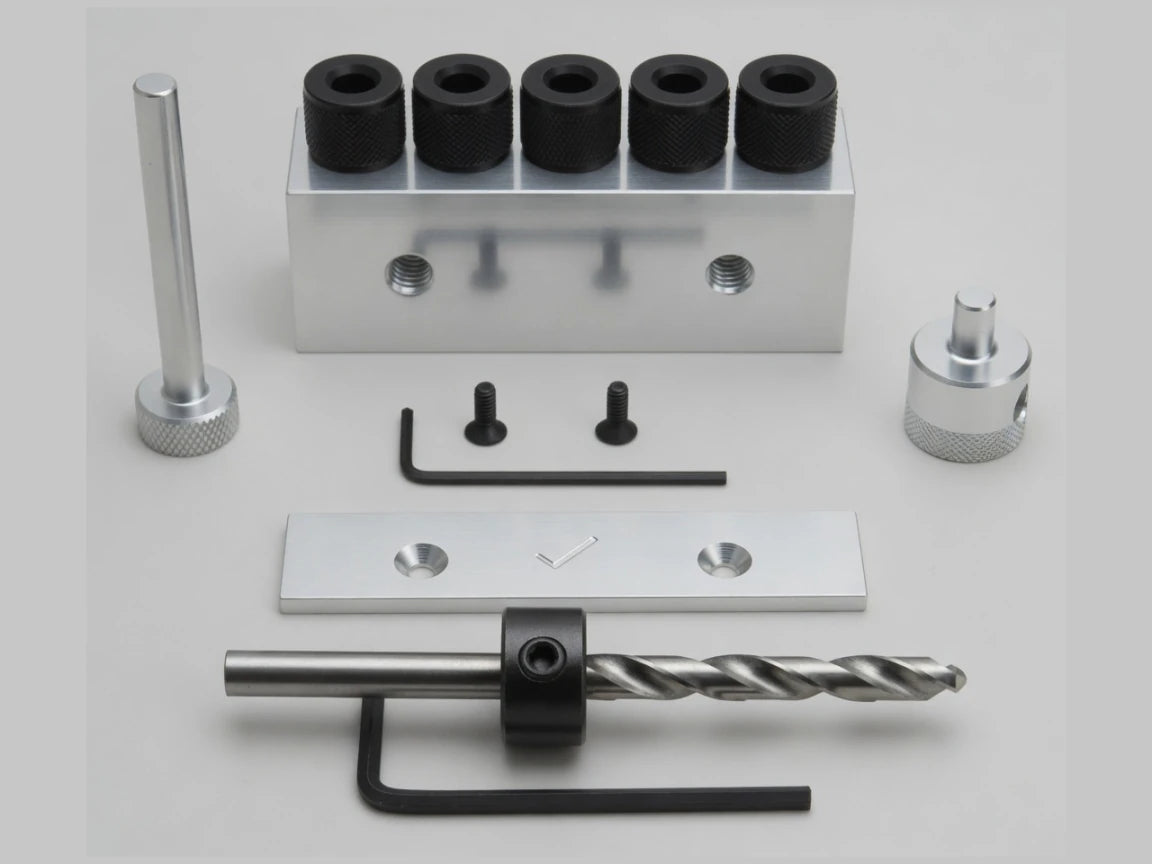 Dowelmax one-quarter-inch drill guide and center block package contents