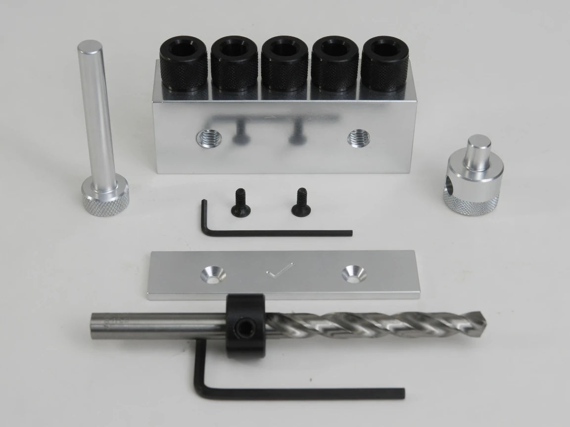 Dowelmax five-sixteenths-inch drill guide and center block package contents