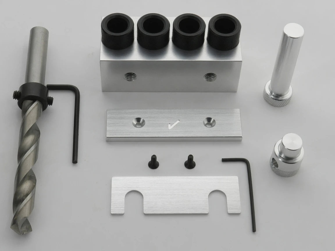 Dowelmax one-half-inch drill guide and center block package contents from overhead
