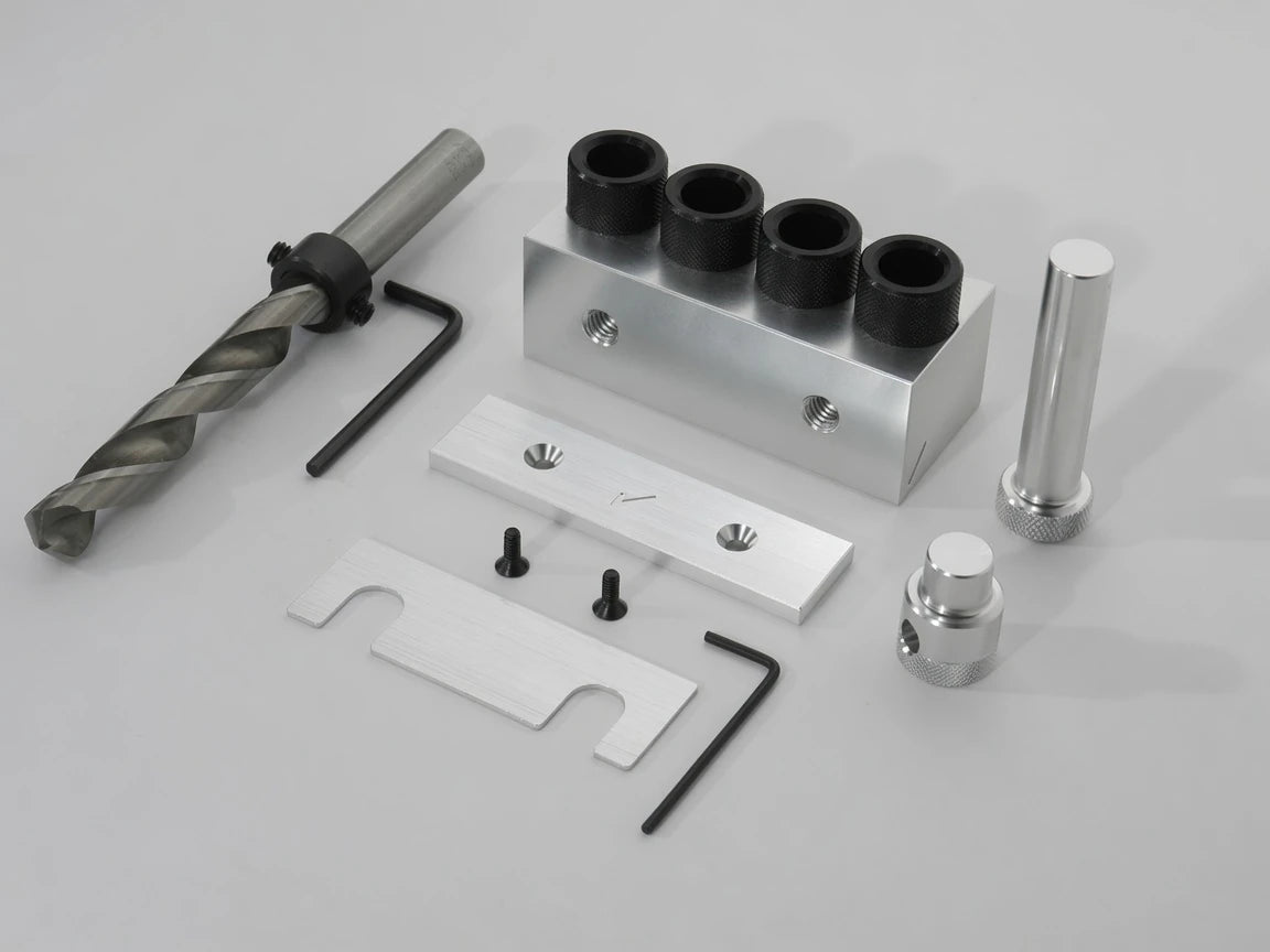 Dowelmax one-half-inch drill guide and center block package contents at an angle