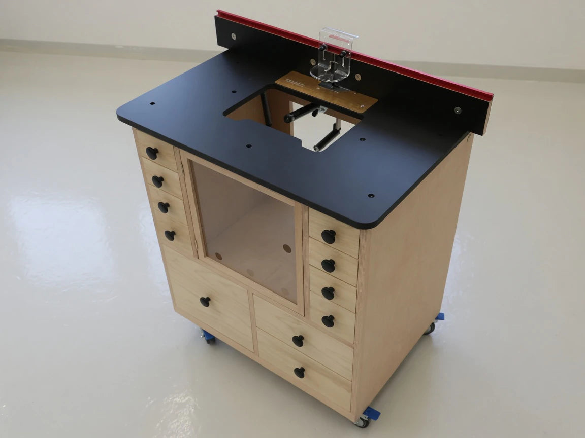 Dowelmax RTL Router Lift installed in a router-table workstation