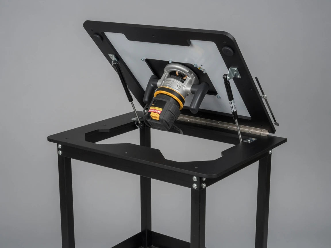 Dowelmax RTL Router Lift underside mechanism with router shown for context