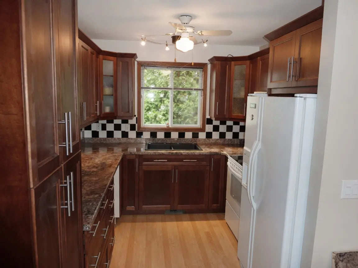 A run of finished kitchen cabinets built with Dowelmax joinery
