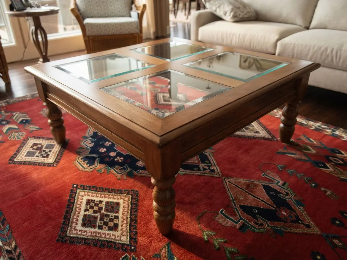 The finished cherry coffee table with turned legs and bevelled glass top