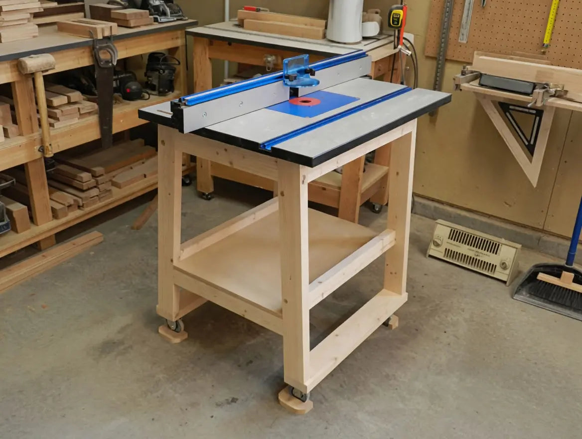 The finished shop-built router table from the Dowelmax project guide