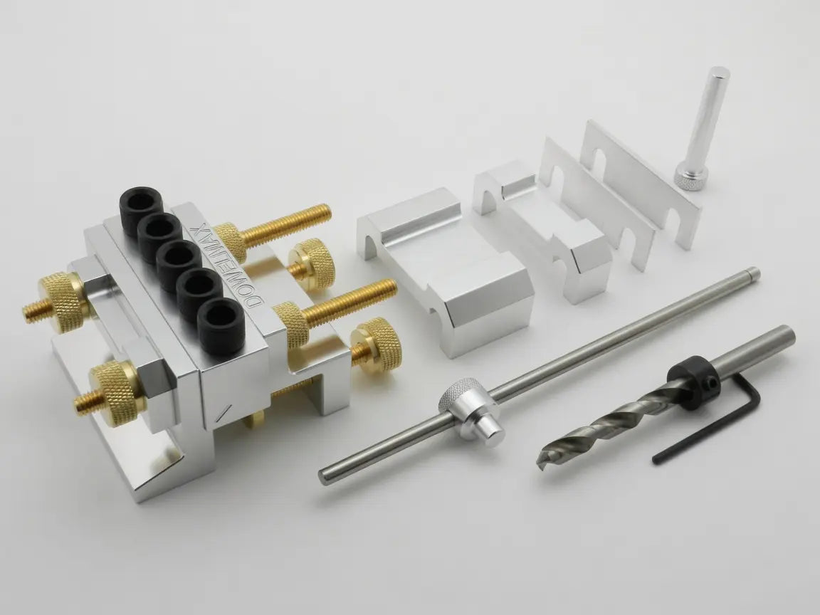 The Dowelmax Classic 3/8 kit laid out with its drill guides, spacers and brass thumbscrews