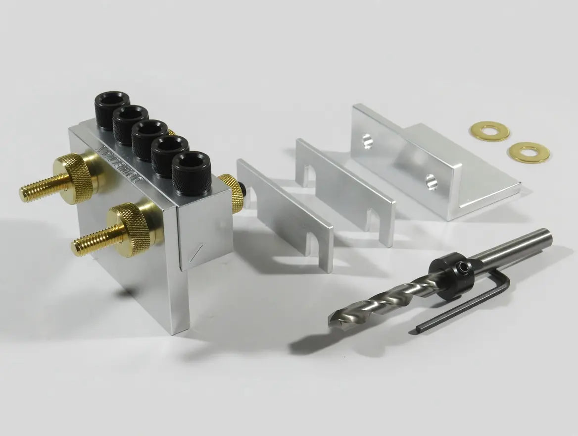 The Dowelmax Junior 3/8 system and the parts included in the box