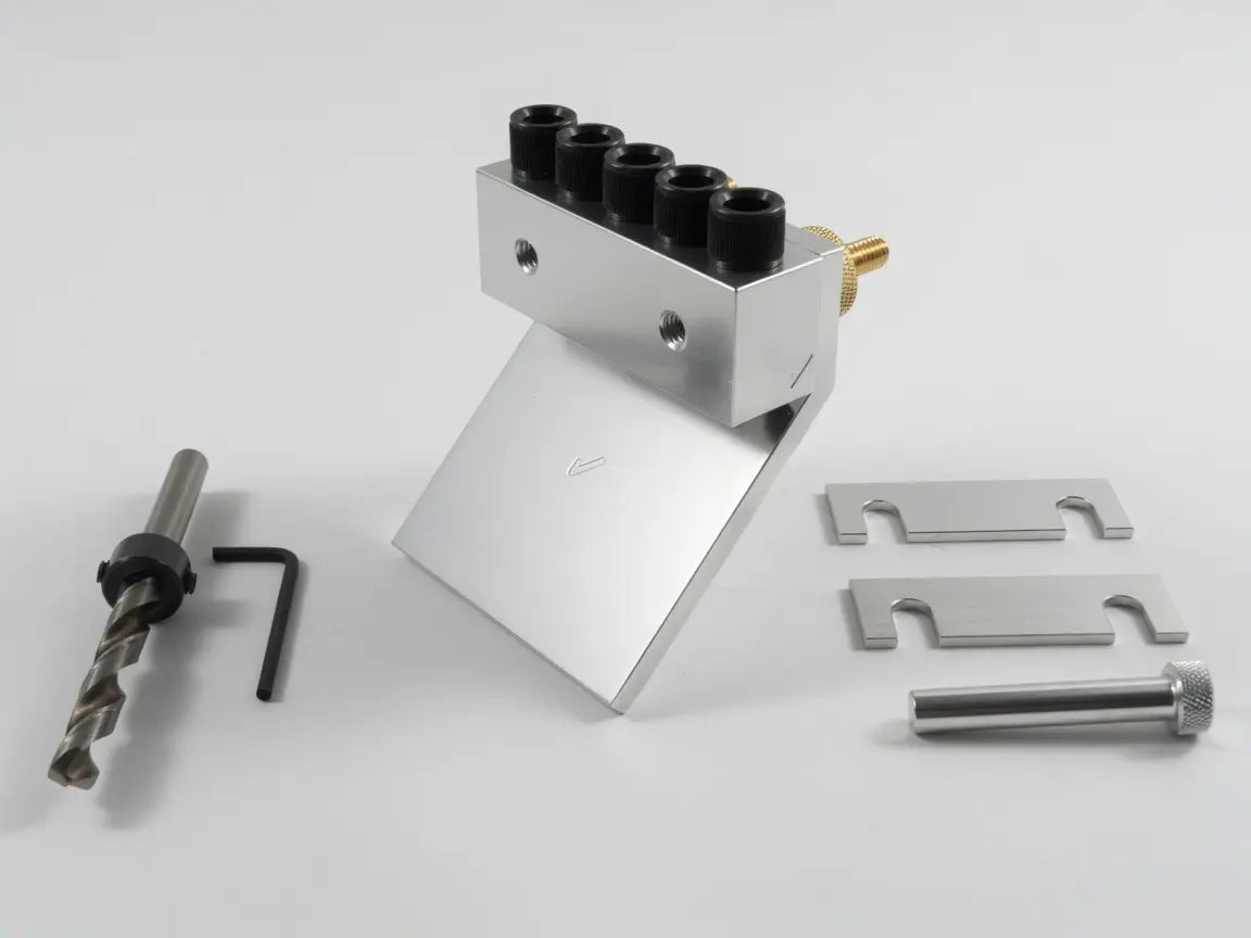 The Dowelmax 45 degree miter system set up on a mitred workpiece