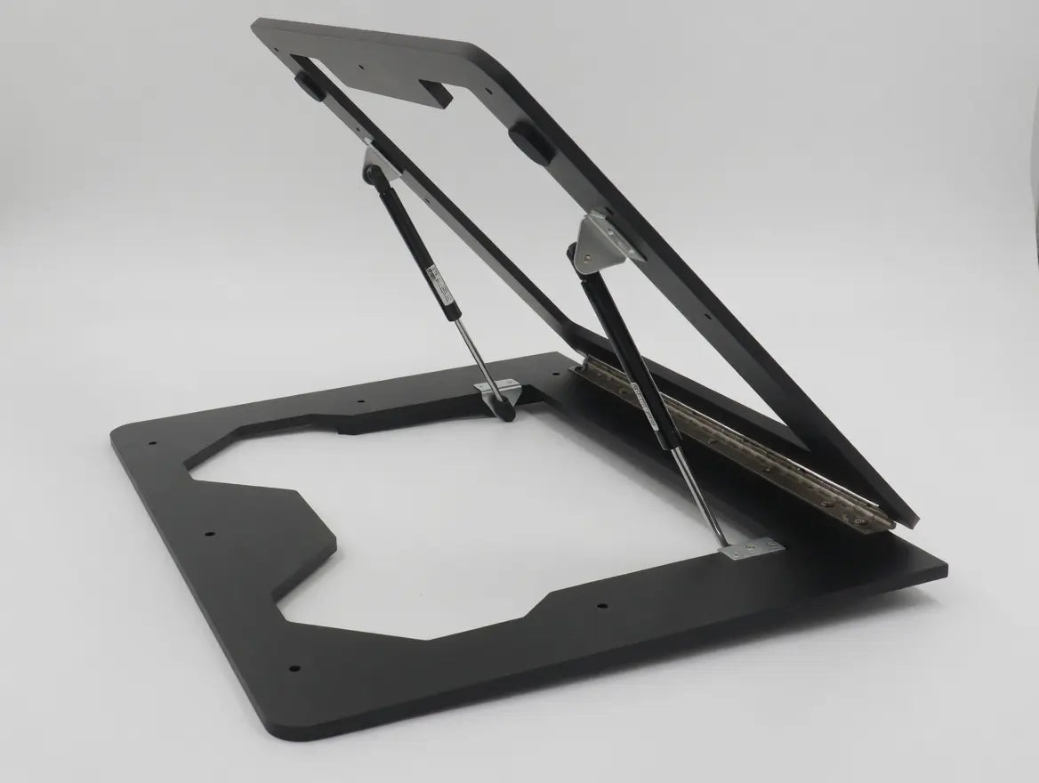 The Dowelmax RTL router lift hinged open on a router table